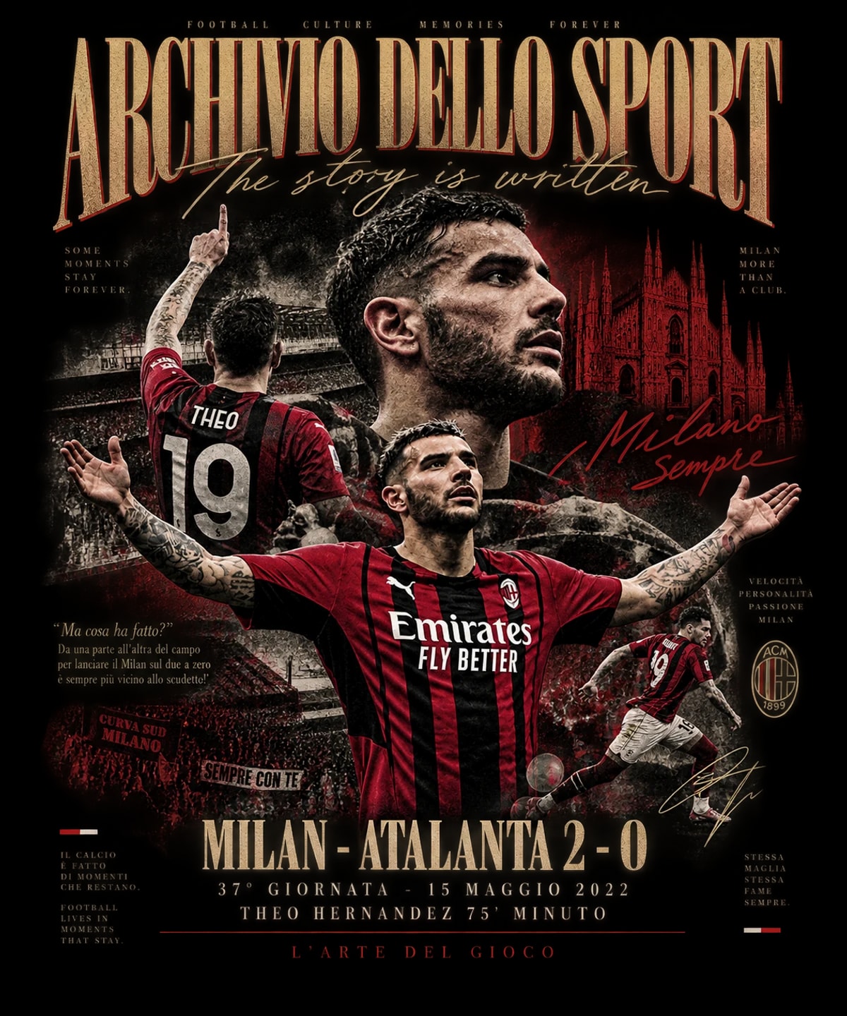 Grafica della maglia Milan-Atalanta 2-0, Theo Hernández